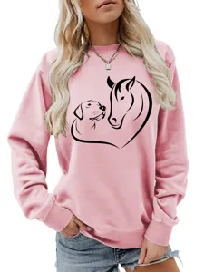 Felpa rosa da donna a manica lunga con grazioso motivo a cuore di cane e cavallo.