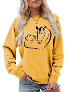 Felpa casual da donna a manica lunga con grazioso motivo grafico a cuore cane e cavallo.