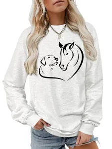 Felpa casual da donna a manica lunga con grazioso motivo a cuore di cane e cavallo.