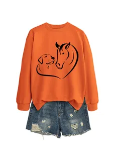 Felpa donna autunno inverno arancione manica lunga con stampa cane cavallo e pantaloncini jeans