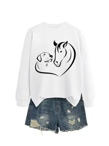 Felpa casual da donna a maniche lunghe con grafico a cuore di cane e cavallo carino.