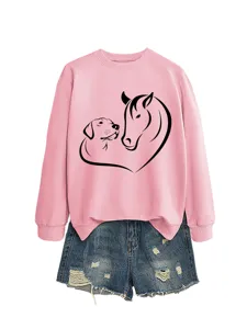 Moderna felpa da donna rosa casual con simpatico motivo a cuore di cane e cavallo.