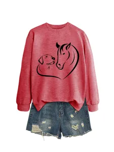 Felpa rossa donna maniche lunghe con stampa cuore cane cavallo e pantaloncini denim