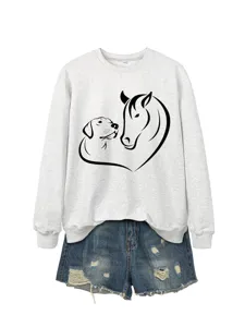 Felpa casual da donna a manica lunga con dettaglio di stampa grafica di cani e cavalli.