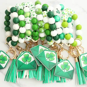 St. Patrick's Day wooden bead keychain clover tassel bracelet holiday accessory gift