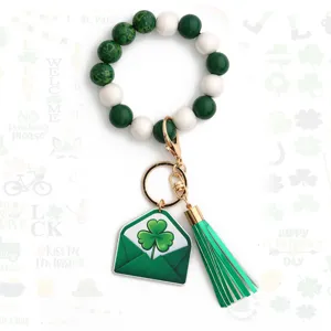 St. Patrick's Day wooden bead bracelet keychain clover green tassel holiday gift