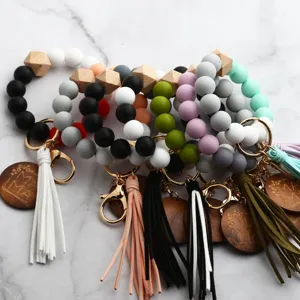 Bunte Silikonperlen Armband Schlüsselanhänger mit natürlichen Holzperlen Lederquaste