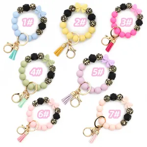 Colorful silicone bead keychain wristlet with leopard print beads, cute bow and tassel for keys.