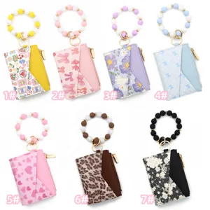 Niedlicher Silikon Perlen Schlüsselanhänger Geldbörse PU Leder Kartenhalter Armband Set