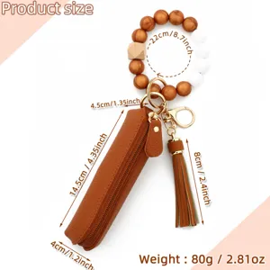 Silicone beaded keychain with PU leather lipstick pouch and tassel charm size specs.