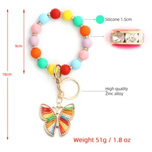 Pulsera llavero de cuentas de silicona coloridas con dije de mariposa, aleación de zinc.