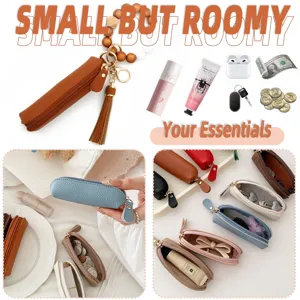 Compact leather key pouch with beaded wrist strap, cute mini zipper coin purse daily use.