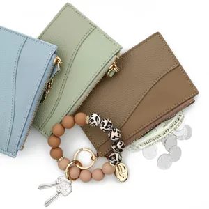 PU leather card holder wallet set with beaded wristlet keychain, multi-card zipper coin purse.
