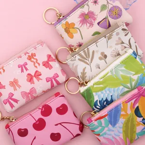 Set de porte-monnaie en cuir à motifs floraux et nœuds mignons pour les femmes.