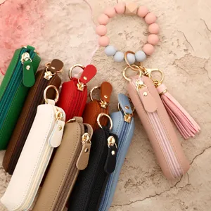 PU Leather Key Case Silicone Bead Bracelet Keychain With Tassel Macaron Color Lipstick Bag Keyring For Women Accessories