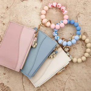Women Solid Color PVC Leather Wristlet Card Holder Wallet With Silicone Beaded Bracelet Keychain Zip Pocket Coin Purse