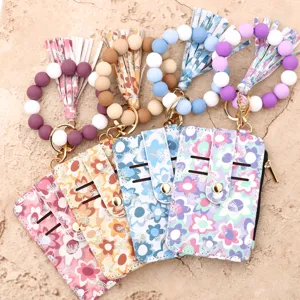 Damen PVC Blumen Druck Kartenhalter Geldbörse Mit Silikonperlen Armband Quaste Reißverschluss Tasche Kleine Münzbörse Für Den Täglichen Gebrauch