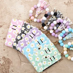 Blumenprint Kartenetui mit Silikonperlen Armband Schlüsselanhänger, Reißverschluss Tasche.