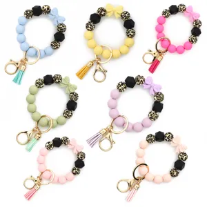 Silicone Bead Keychain Bracelet For Women Leopard Print Bowknot Tassel Wristlet Keychain Bag Charm Bracelet Accessory