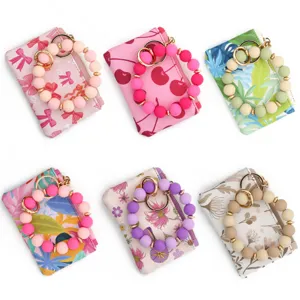 Porte-clés bracelet en perles de silicone avec étui à cartes en cuir porte-monnaie portefeuille.