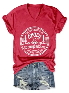 Casual red women V-neck short sleeve T-shirt with camping graphic print for daily wear.