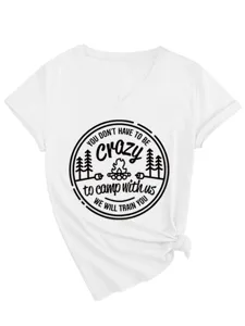 Women's white V-neck short sleeve t-shirt with camping graphic print and side knot design.