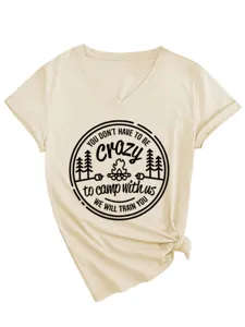 Women Casual V-Neck Short Sleeve T-Shirt Summer Camping Letter Print Tied Hem Beige Top
