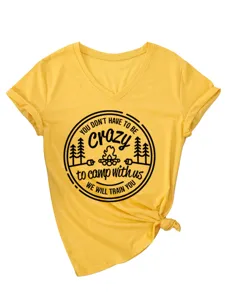 Casual women's yellow V-neck short sleeve t-shirt with camping graphic print and side knot.