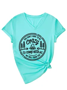 Turquoise V-neck short sleeve women t-shirt with camp graphic and front tie detail.