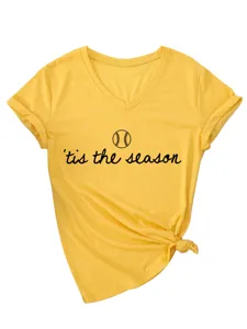 Damen gelbes V-Ausschnitt Kurzarm T-Shirt mit süßem Baseball Print und Knotensaum.