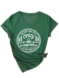 Women's green V-neck short sleeve t-shirt with funny camping graphic print casual top