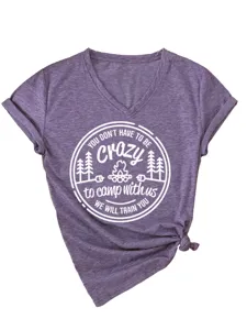 Women V-Neck Short Sleeve Casual T-Shirt Camping Graphic Tee with Stylish Knot Hem