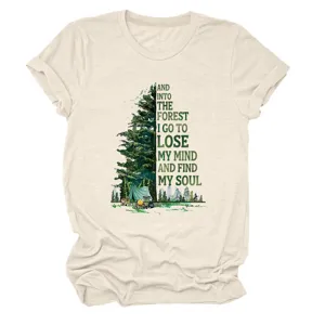 Maglietta casual da donna a maniche corte girocollo con stampa foresta e citazione beige.