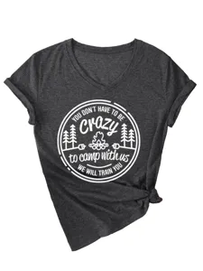 Dark grey women's V-neck short sleeve t-shirt featuring camping graphic print and knot hem casual top