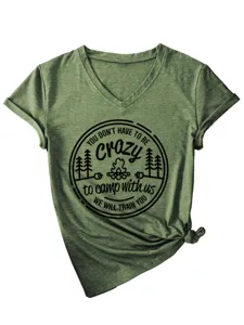 Green V-neck short sleeve women's t-shirt detail showing front camp slogan print and side knot.