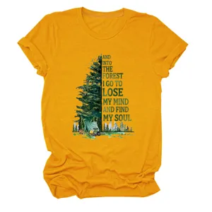 Maglietta donna casual manica corta girocollo con stampa foresta grafica moderna