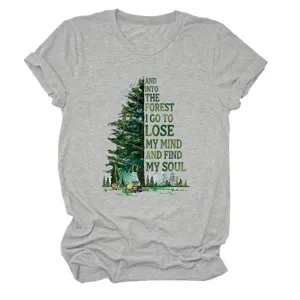 Maglietta da donna grigia casual a maniche corte con design grafico di citazione sulla natura.