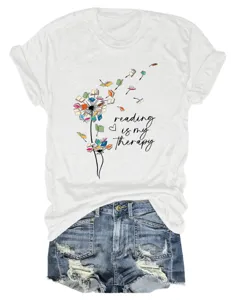 Women reading is my therapy graphic short sleeve crewneck white casual t-shirt detail