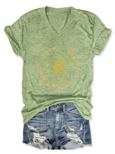 Dames Heather Groen V-Hals Korte Mouw T-Shirt met Bij Bloemen Print Casual Top Mooi