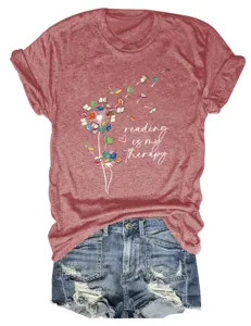 Women casual short sleeve crewneck t-shirt with creative book print and denim shorts set.