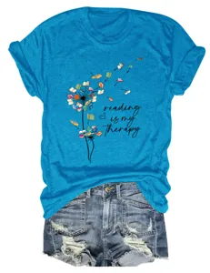 Blue short sleeve t-shirt women reading is my therapy dandelion graphic casual streetwear top