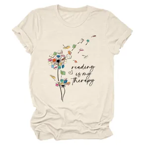 Casual women's round neck short sleeve T-shirt with creative reading quote graphic print.