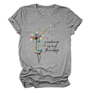 Women casual grey short sleeve t-shirt featuring creative book dandelion graphic print top.