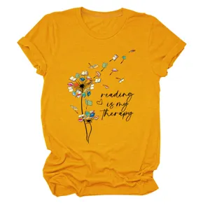 Women's Yellow Short Sleeve T-Shirt Casual Round Neck Reading Theme Graphic Tee Top