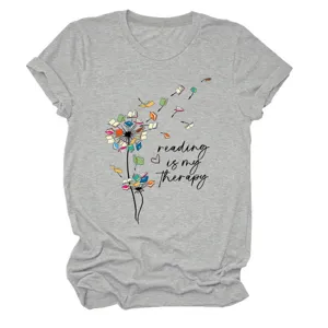 Women Grey Short Sleeve T-Shirt Reading Is My Therapy Casual Cotton Graphic Tee Top