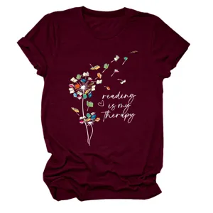 Burgundy short sleeve t-shirt with book dandelion graphic reading is my therapy casual top