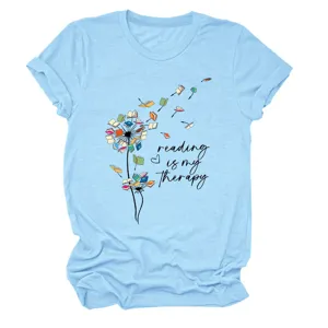 Light blue women short sleeve t-shirt featuring reading theme dandelion graphic print casual top.