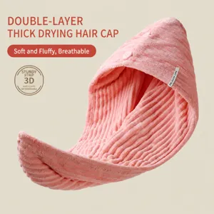 Pink double layer thick dry hair cap for fast drying, super absorbent microfiber bath towel wrap.