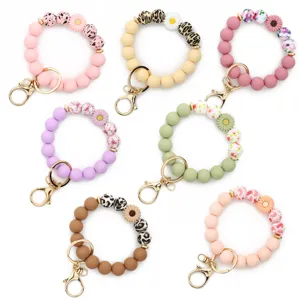 Silicone Beaded Keychain Wristlet Cute Daisy Flower Key Ring Holder Fashion Bag Charm