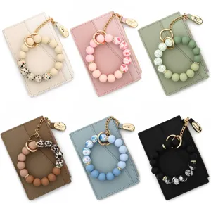 PU leather cardholder wallet with silicone bead keychain multi-slot coin purse for women